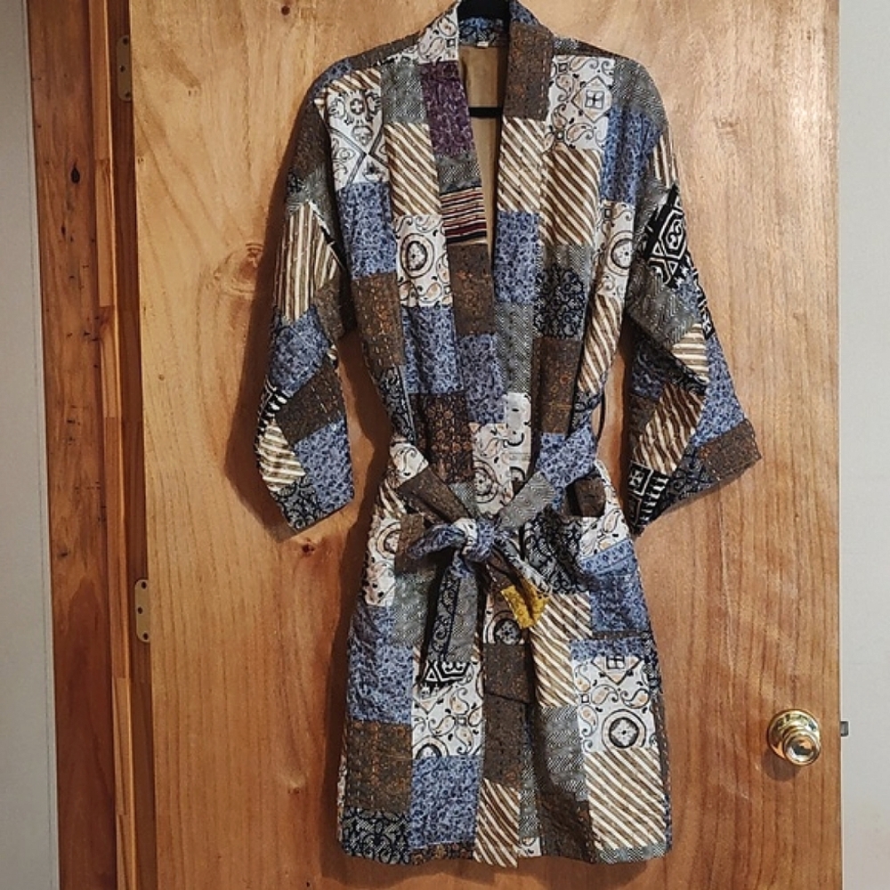 Womens Gorgeous Kantha Patchwork Kimono Jewel Tones Mixed Prints Silky Boho S/M